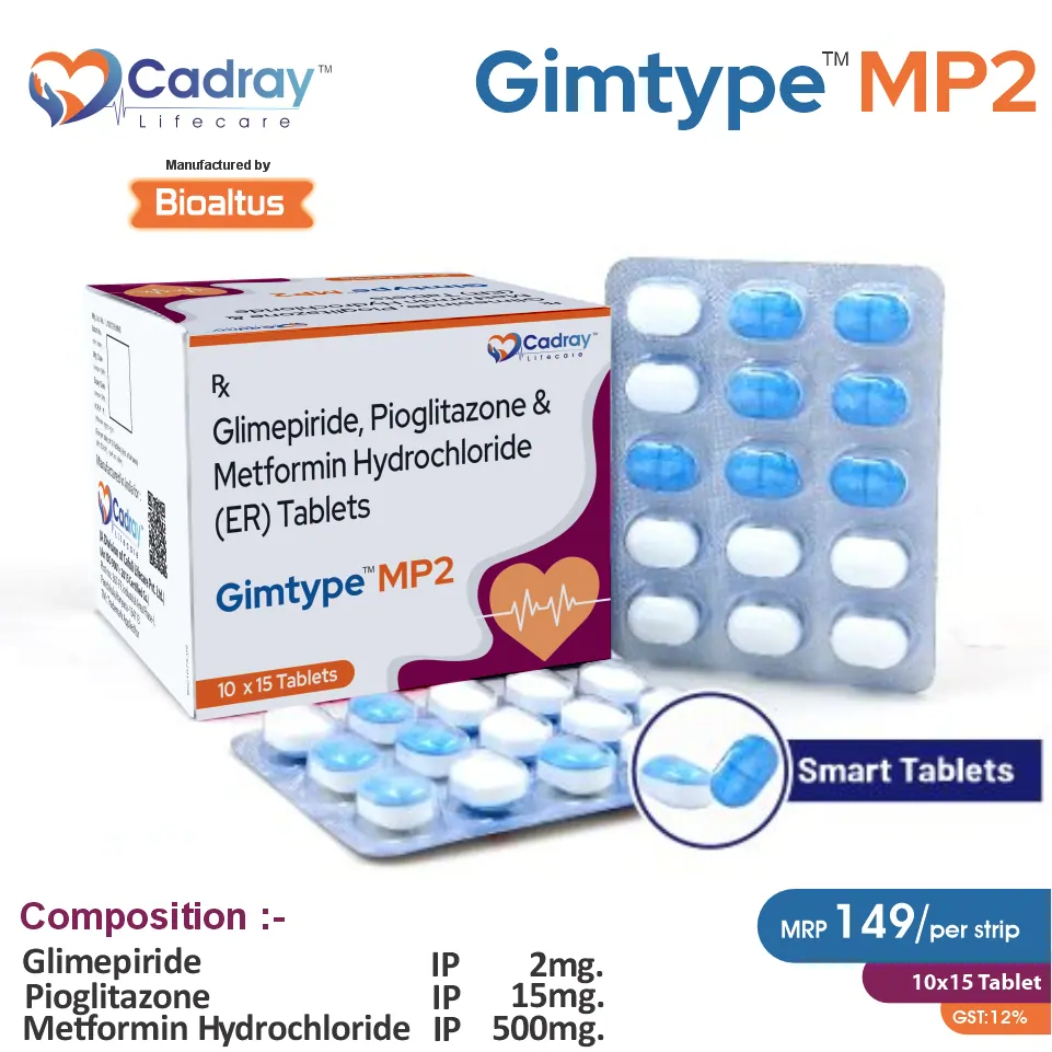 Glimepiride 2mg + Metformin 500mg + Pioglitazone 15mg Tablet for diabetes management | Best price for PCD Pharma Franchise | WHO-GMP certified